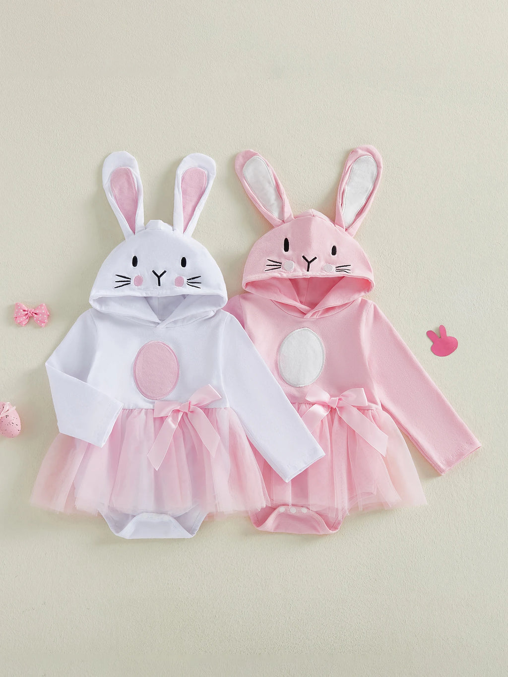 Adorable Baby Girls Easter Romper Dress with Hooded Bunny Ear Design.