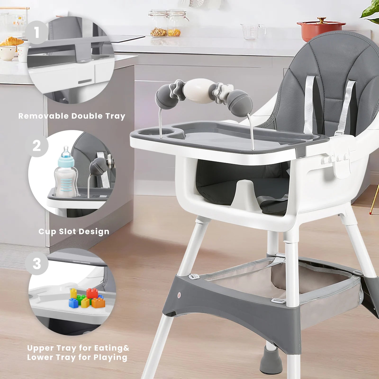 Convertible Baby High Chair Double-Layer Dinner Plate and Toy Rack.