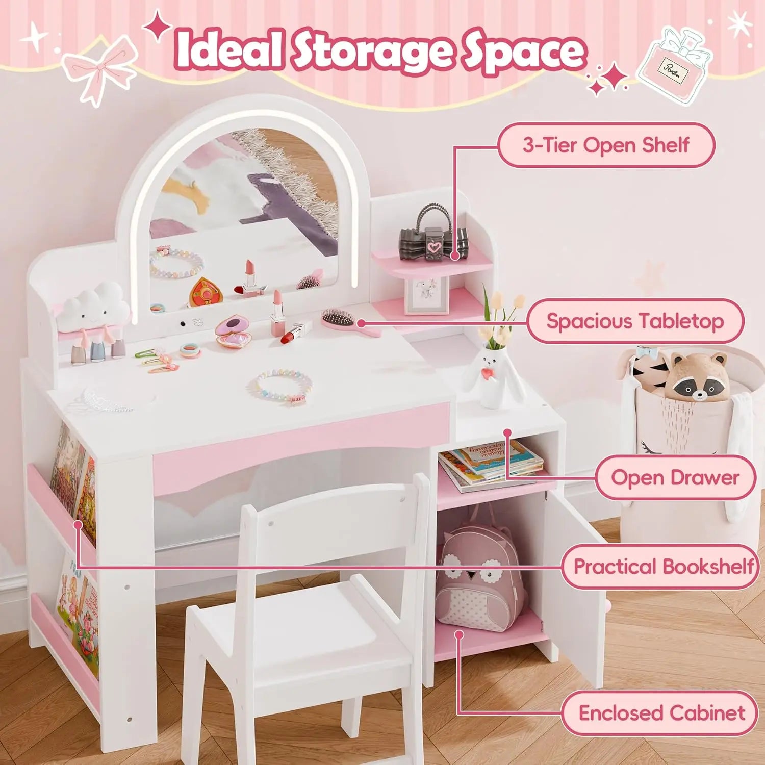 Kids Vanity with Lights,  Desk & Chair Set with Mirror.
