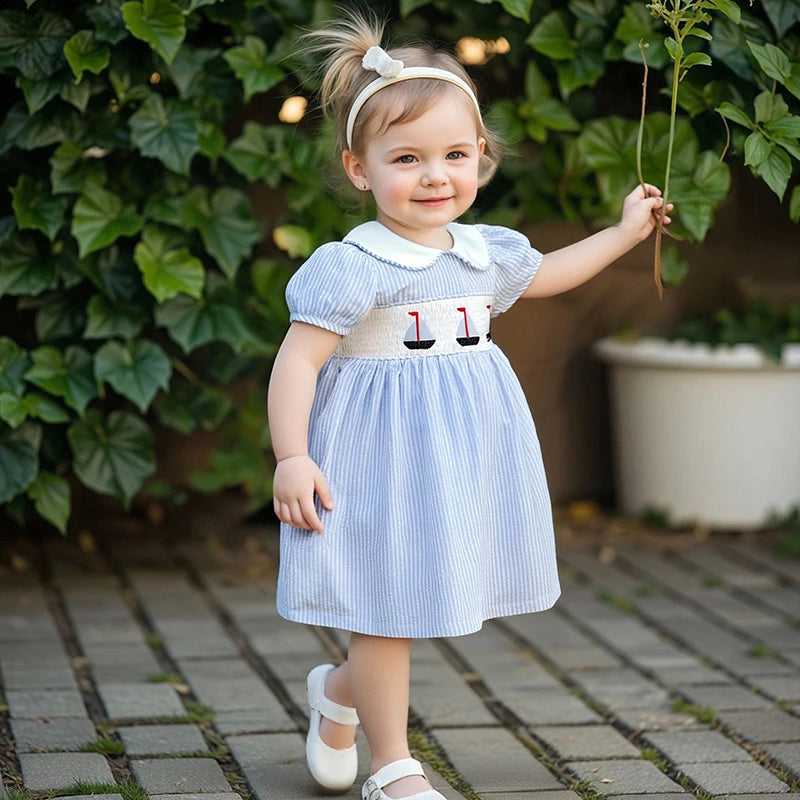 Short Sleeved Girl Summer Striped A-Line Dress with Collar.