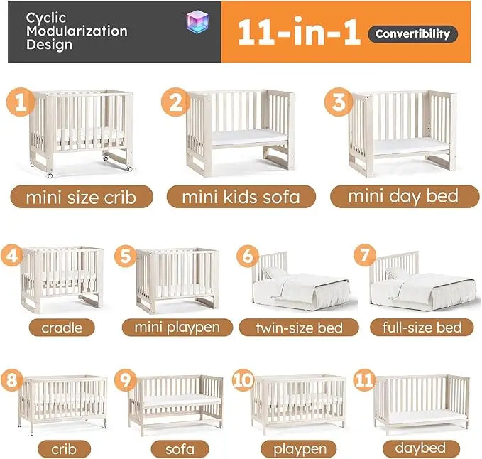 11-in-1 Convertible Baby Crib With Removable Wheels.